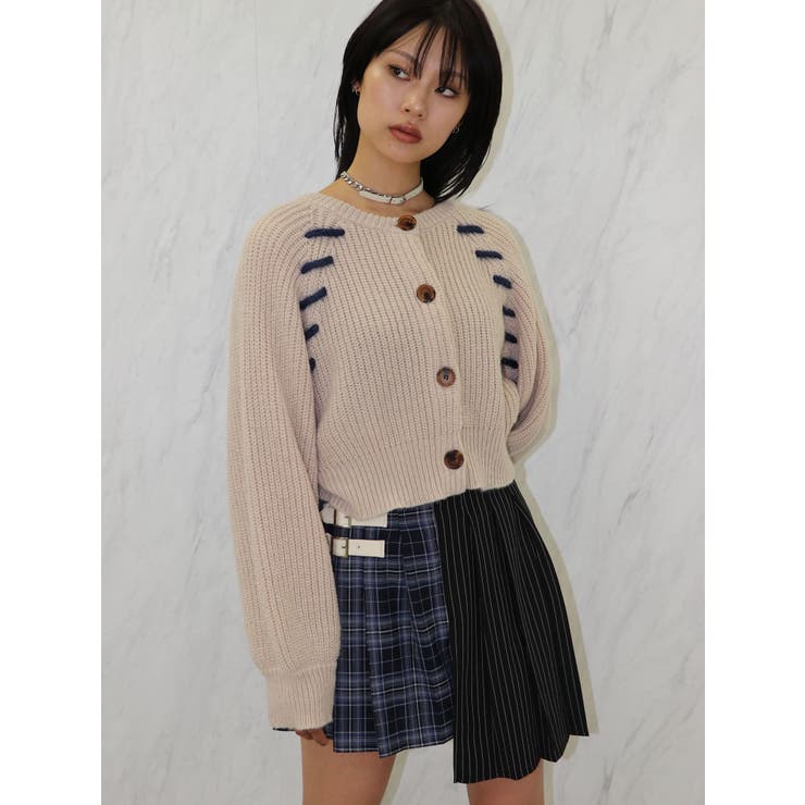 AURORA boutiqueバイカラーステッチニットカーディガン　S AURORA boutique バイカラーステッチニットカーディガン