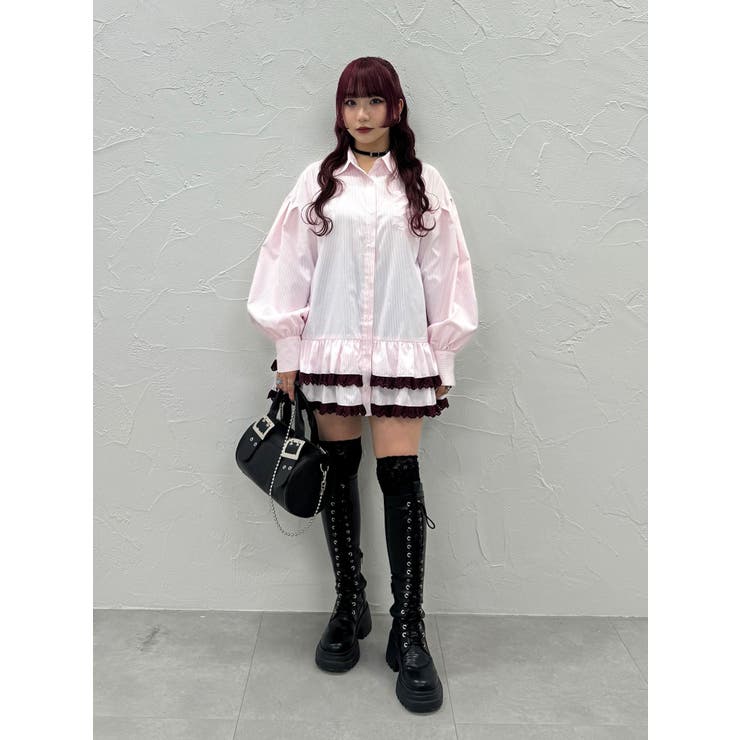 jouetie ヘムレースフリルチュニックシャツ ブラック セール】【再入荷】ヘムレースフリルチュニックシャツ（シャツ