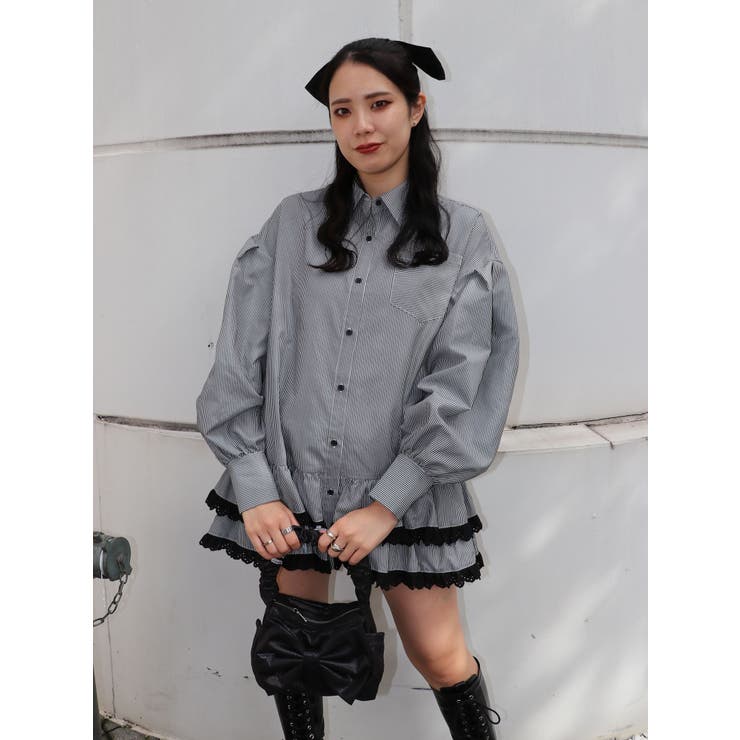 jouetie ヘムレースフリルチュニックシャツ ブラック jouetie ブラウス シャツ 「再入荷」ヘムレースフリルチュニック