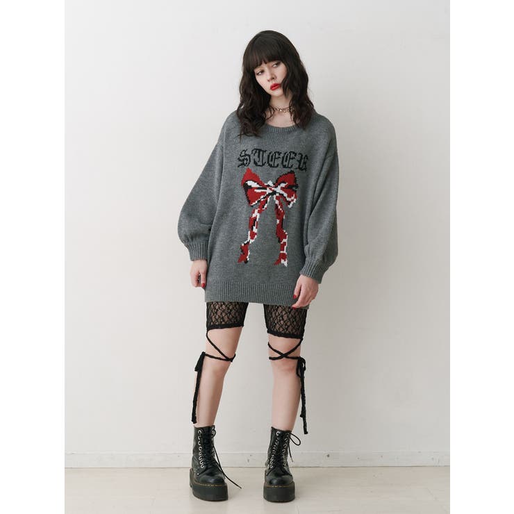 【全商品オープニング価格 特別価格】 リボンジャガードルーズニット[品番：MKSW0061525]｜jouetie トップス