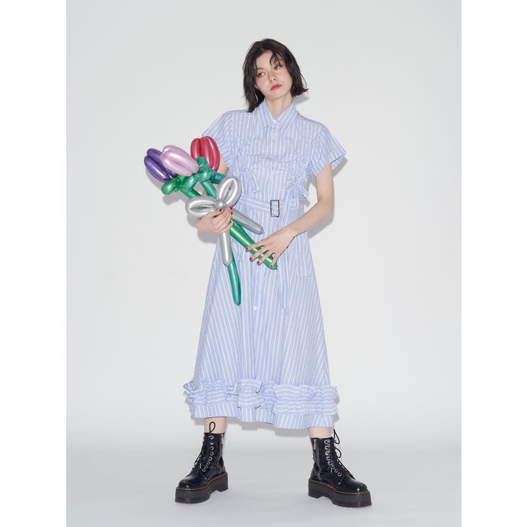 ギャザーリボンシャツワンピース[品番：MKSW0063027]｜jouetie