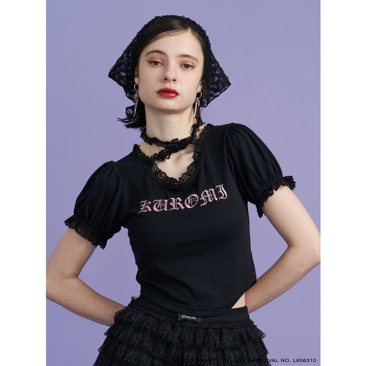 ブラック | 【メロクロコラボ】KUROMIフリルチョーカーリボントップス | jouetie