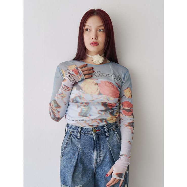 ブルー | フラワーパターンシアートップス | jouetie