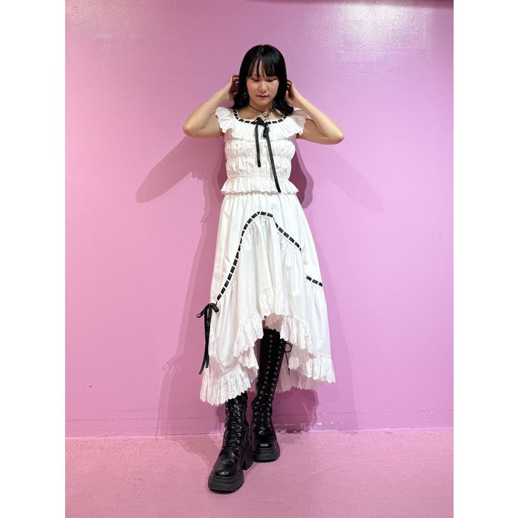 ジュエティ☆リボンステッチアシメスカート＋フリルビスチェ　セットアップ赤タータン リボンステッチアシメスカート【セットアップ対応】[品番