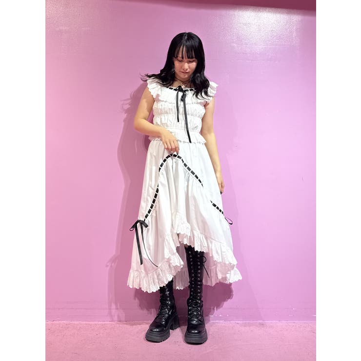 ジュエティ☆リボンステッチアシメスカート＋フリルビスチェ　セットアップ赤タータン リボンステッチアシメスカート【セットアップ対応】[品番