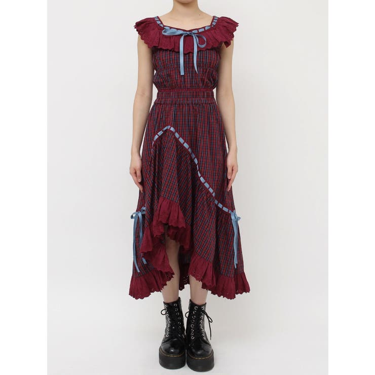 ジュエティ☆リボンステッチアシメスカート＋フリルビスチェ　セットアップ赤タータン リボンステッチアシメスカート【セットアップ対応】[品番：MKSW0063791