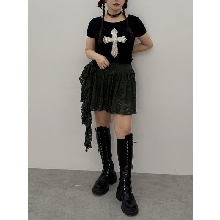 ☆*:.【新品】.。.:*☆ コシラエル ❤︎ レインスカート アシメドレープフリルレースミニスカート[品番：MKSW0063792