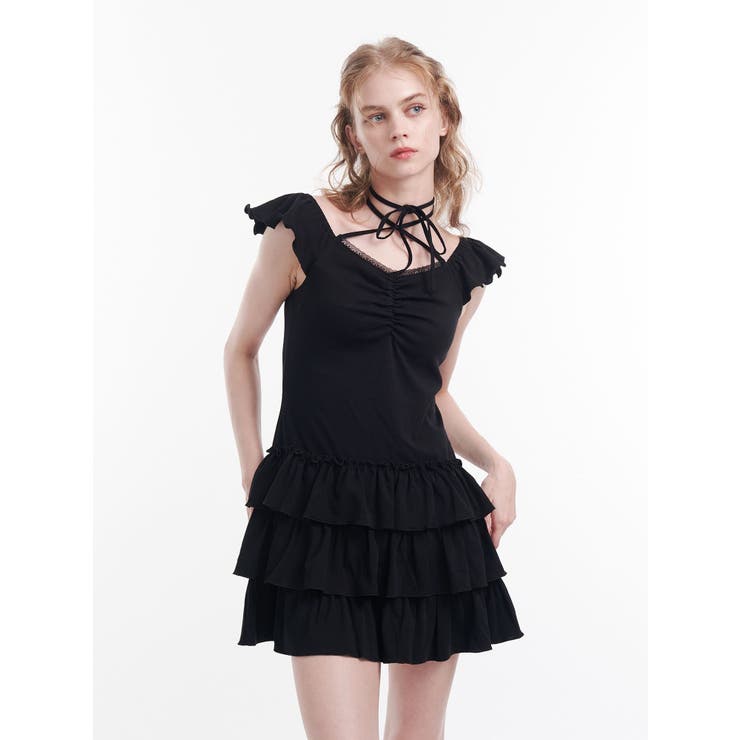 ブラック | フレンチスリーブフリルワンピース | jouetie