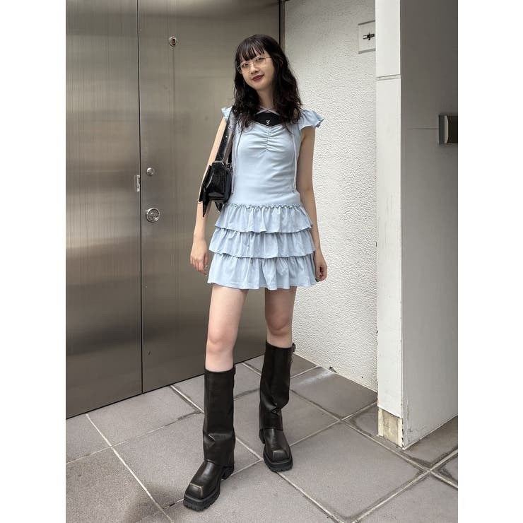 ブルー | フレンチスリーブフリルワンピース | jouetie