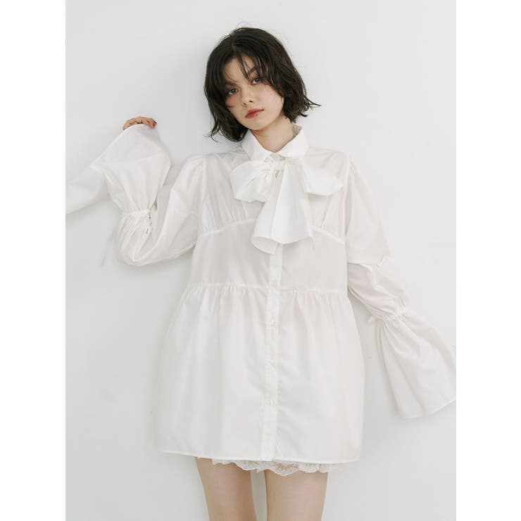 オフホワイト | リボンタイチュニックシャツ | jouetie