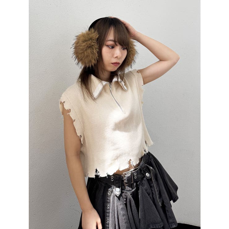 アイボリー | ハーフジップダメージニット | jouetie