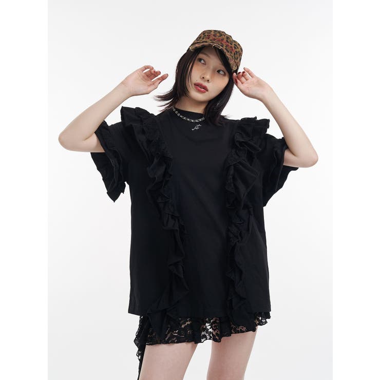 ブラック | フリルドッキングルーズTシャツ | jouetie