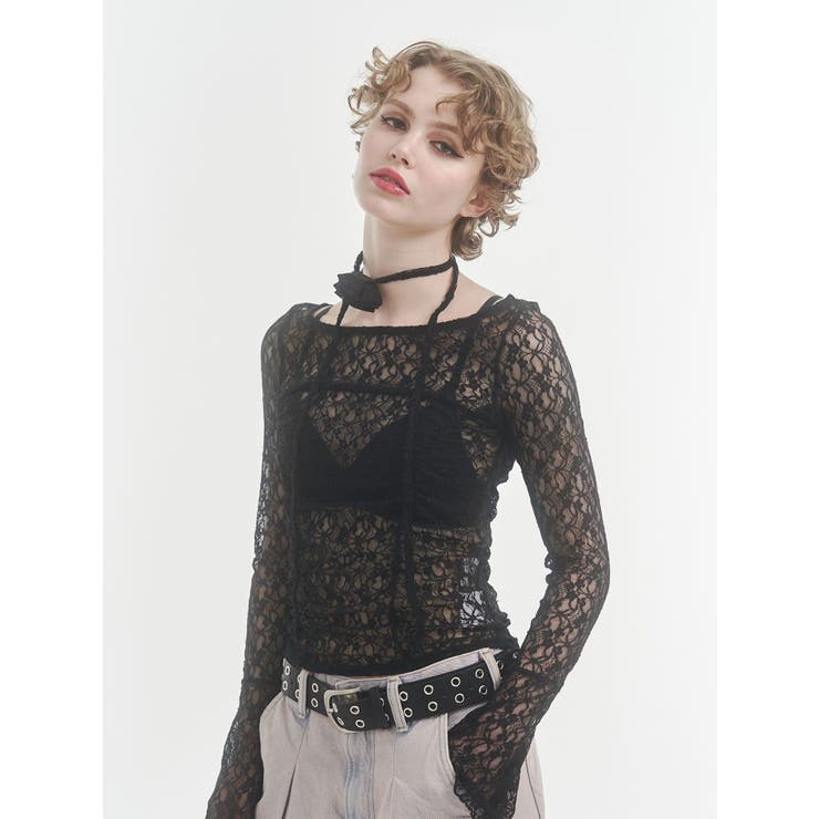 ブラック | レースギャザートップス | jouetie