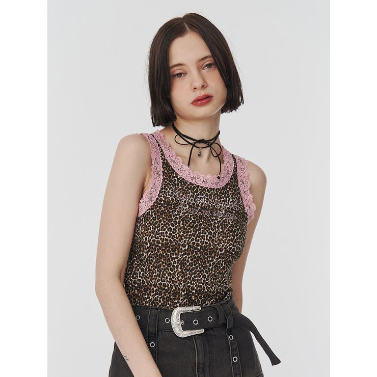 ブラウン | レースラインストーンロゴタンクトップ | jouetie