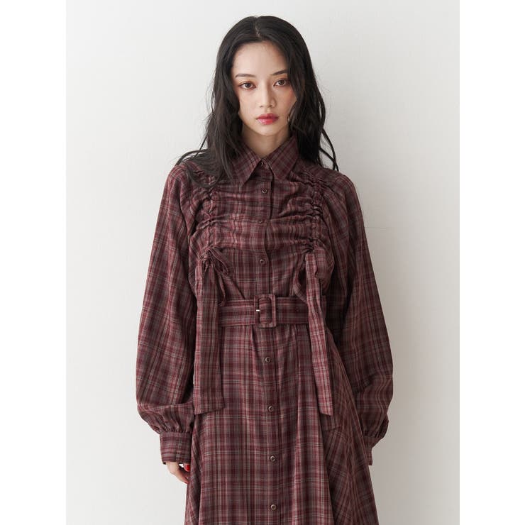 ドロストリボンチェックシャツワンピース[品番：MKSW0067226]｜jouetie