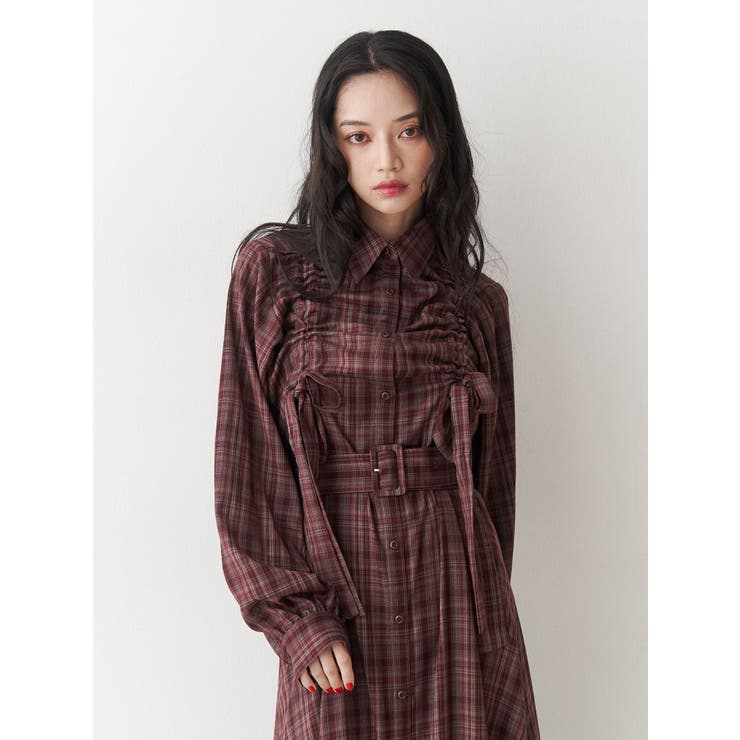 ドロストリボンチェックシャツワンピース[品番：MKSW0067226]｜jouetie