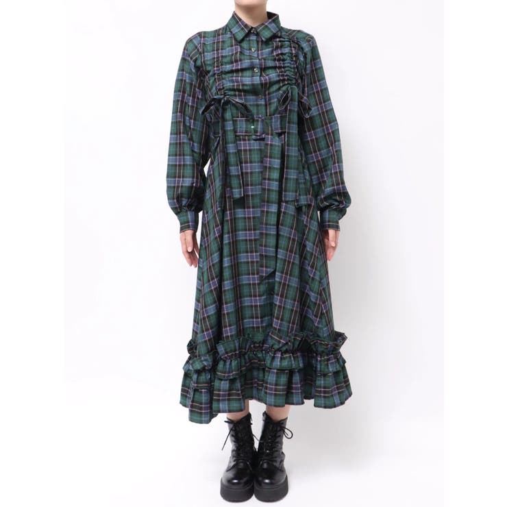 ドロストリボンチェックシャツワンピース[品番：MKSW0067226]｜jouetie