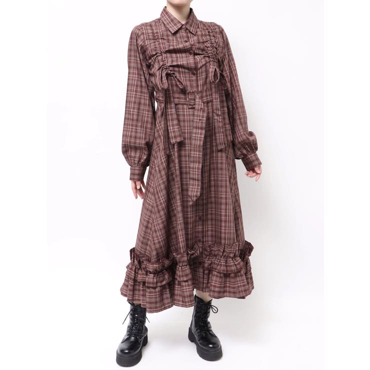 ドロストリボンチェックシャツワンピース[品番：MKSW0067226]｜jouetie