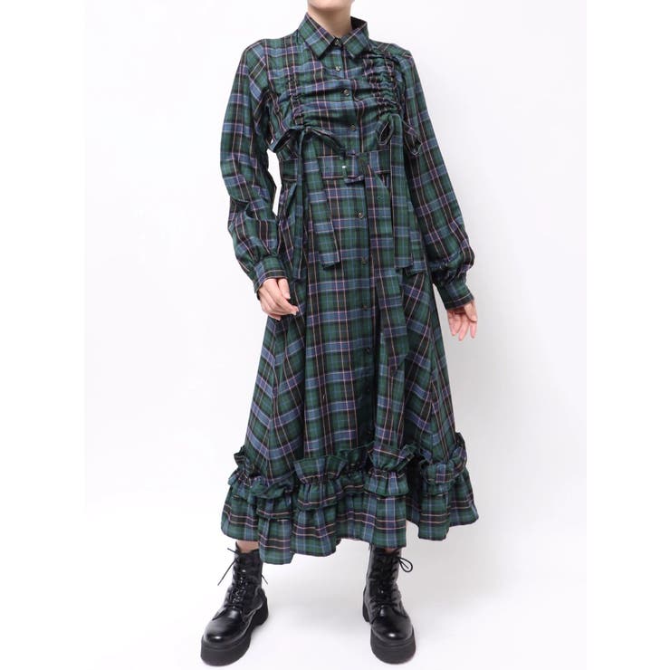 ドロストリボンチェックシャツワンピース[品番：MKSW0067226]｜jouetie