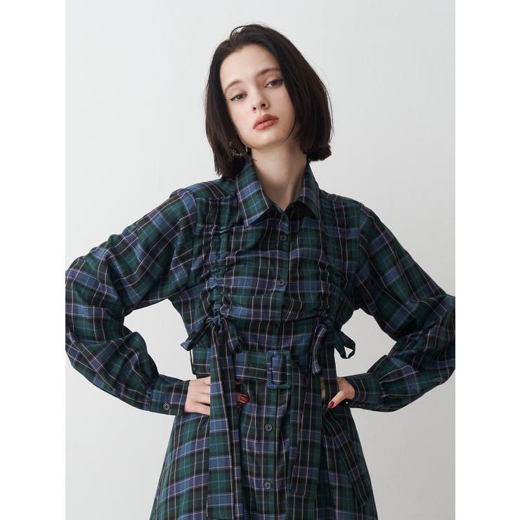 ドロストリボンチェックシャツワンピース[品番：MKSW0067226]｜jouetie