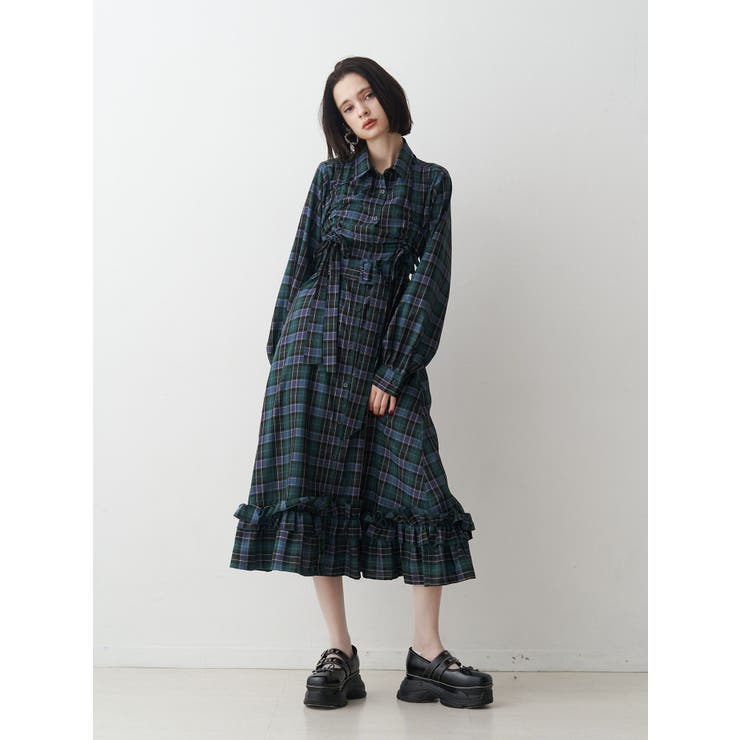 ドロストリボンチェックシャツワンピース[品番：MKSW0067226]｜jouetie