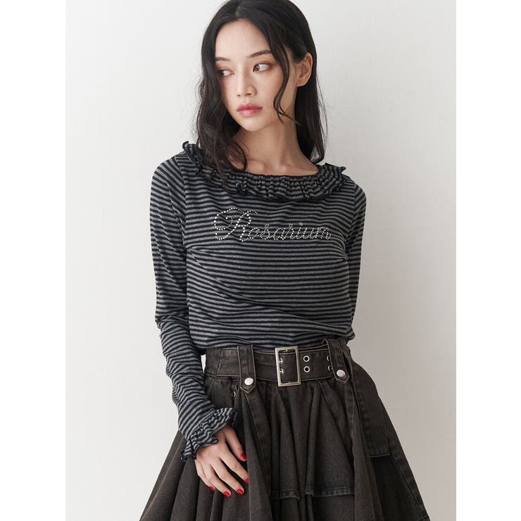 ブラック | ラインストーンフリルトップス | jouetie