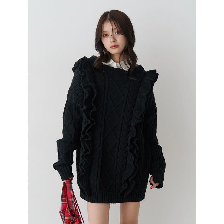 ブラック | フリルケーブルニットチュニック | jouetie