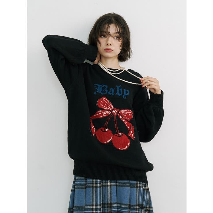 ブラック | ジャガードチェリールーズニット | jouetie