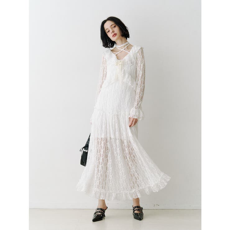 オフホワイト | ラッフルフリルレースロングワンピース | jouetie
