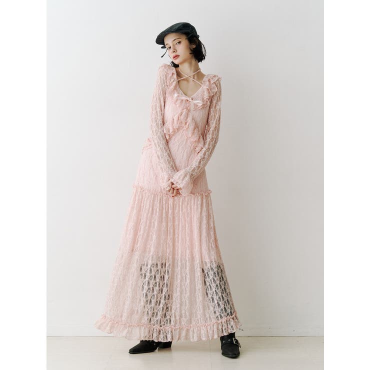 ピンク | ラッフルフリルレースロングワンピース | jouetie