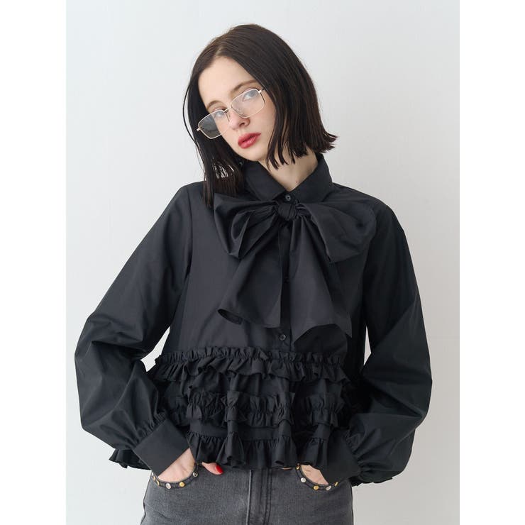 ブラック | リボンタイフリルショートシャツ | jouetie