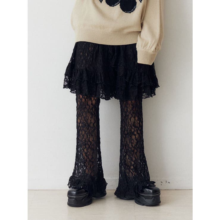ブラック | レースフリルレイヤードフレアパンツ | jouetie