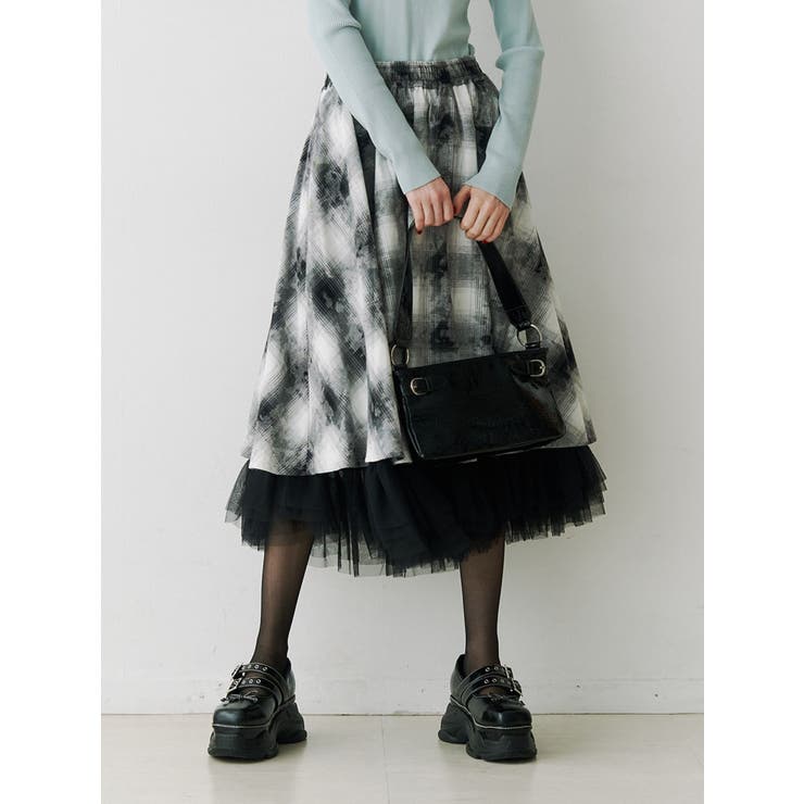 ブラック | チュールリバーシブルチェックフレアスカート | jouetie