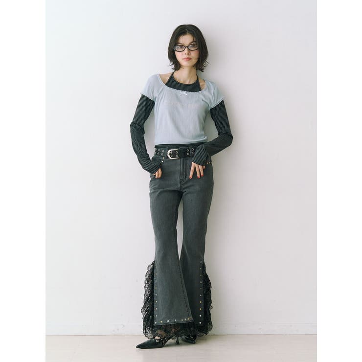 レースドッキングスタッズフレアデニム | jouetie | 詳細画像3 