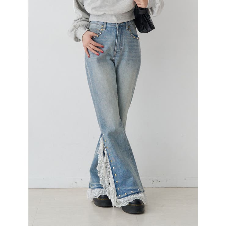 ブルー | レースドッキングスタッズフレアデニム | jouetie