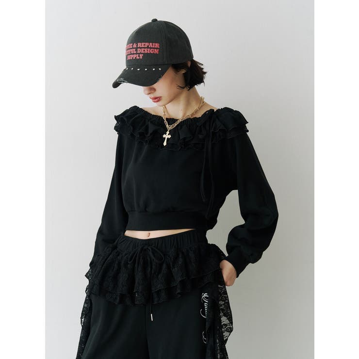 ブラック | レースドッキングオフショルプルオーバー【セットアップ対応】 | jouetie