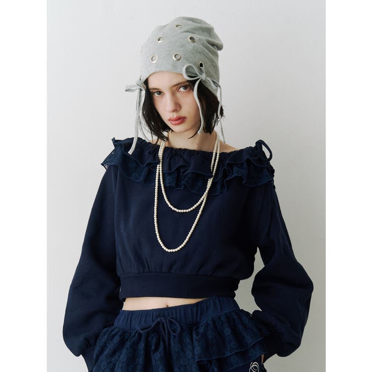 ネイビー | レースドッキングオフショルプルオーバー【セットアップ対応】 | jouetie