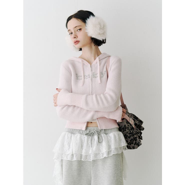 ピンク | ビジューロゴジップコンパクトフーディ | jouetie