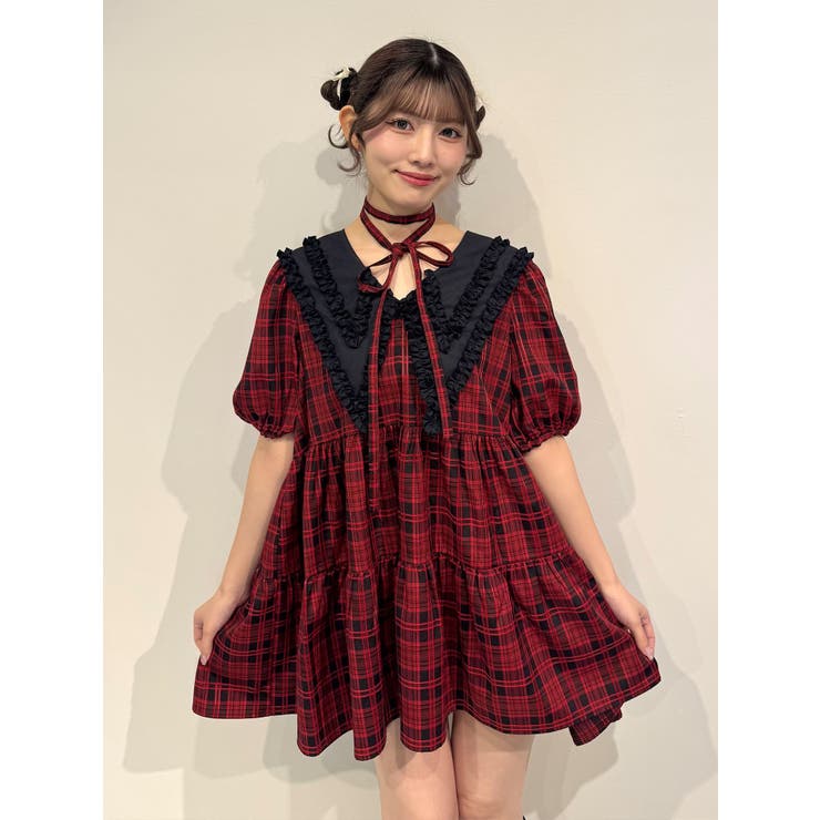 PUTUMAYO プトマヨ ミニワンピース フリル レース チェック 赤 ビッグカラーフレアミニワンピース[品番：MKSW0069216]｜jouetie