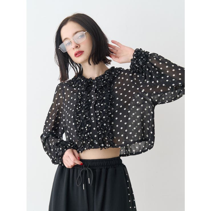 ブラック | シアーフリルショートブラウス | jouetie