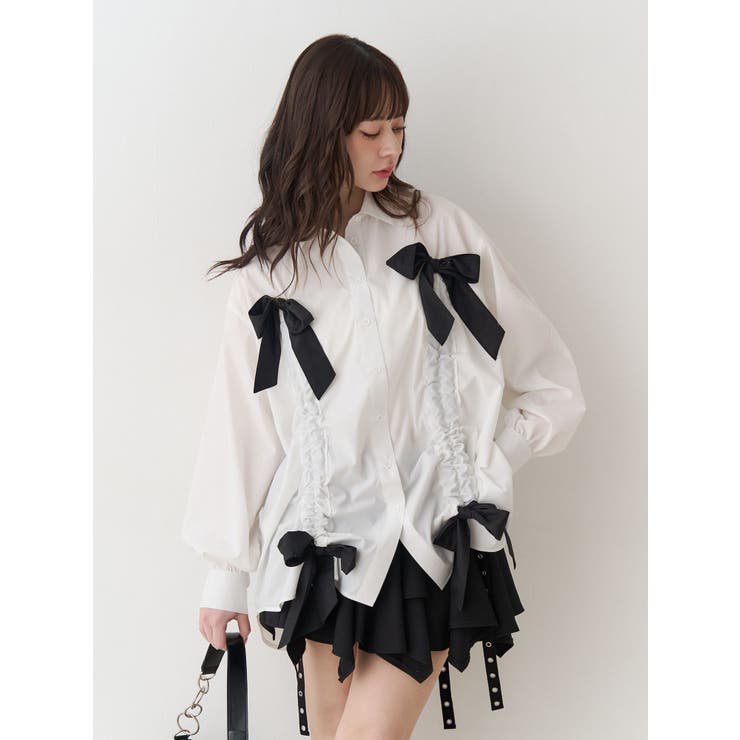 オフホワイト | ギャザーリボンルーズシャツ | jouetie