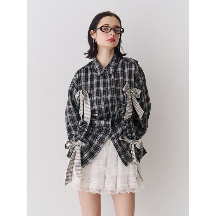 ブラック | ギャザーリボンルーズシャツ | jouetie