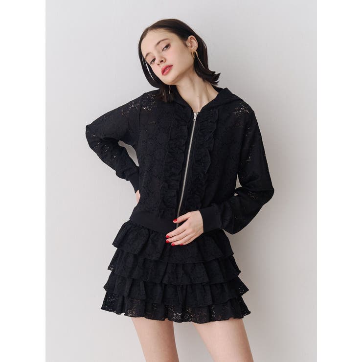 ブラック | レースクロップドZIPフーディー【セットアップ対応】 | jouetie