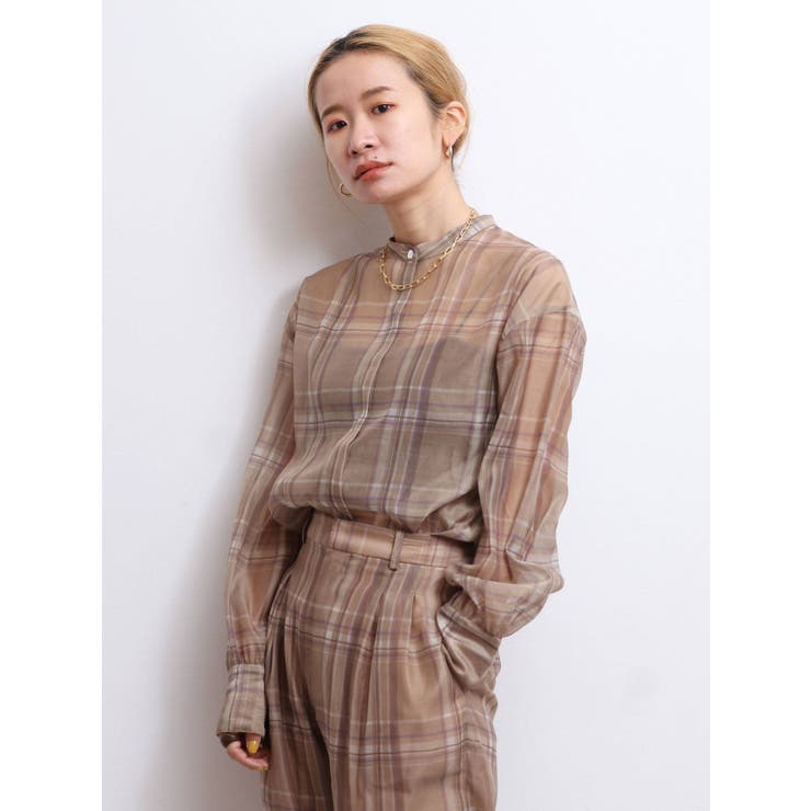 モカ | シアーチェックノーカラーシャツ | Ungrid