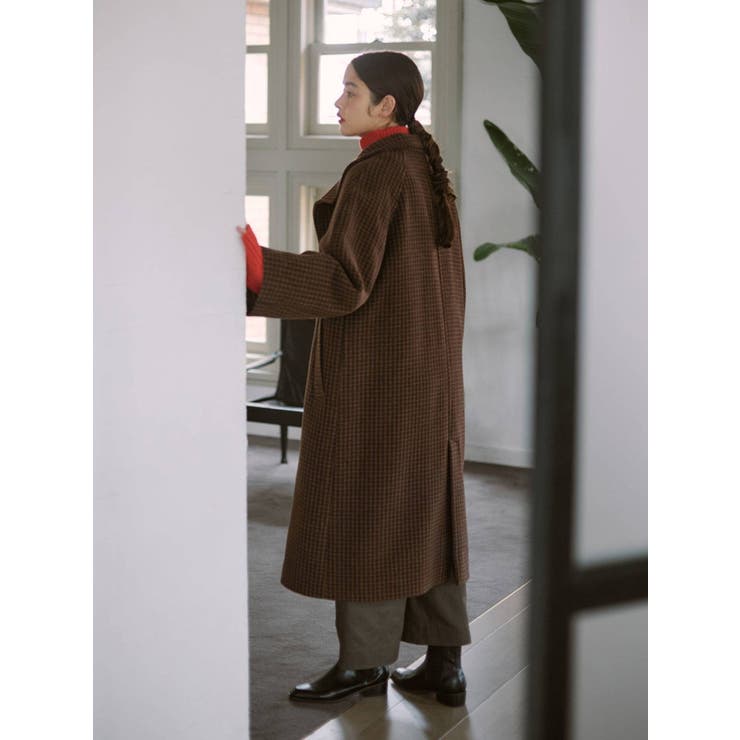 スタンドカラールーズチェックコート[品番：MKSW0046883