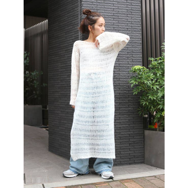 アイボリー | バックオープン透かし編みニットワンピース | Ungrid