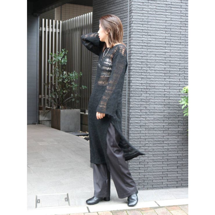 ブラック | バックオープン透かし編みニットワンピース | Ungrid