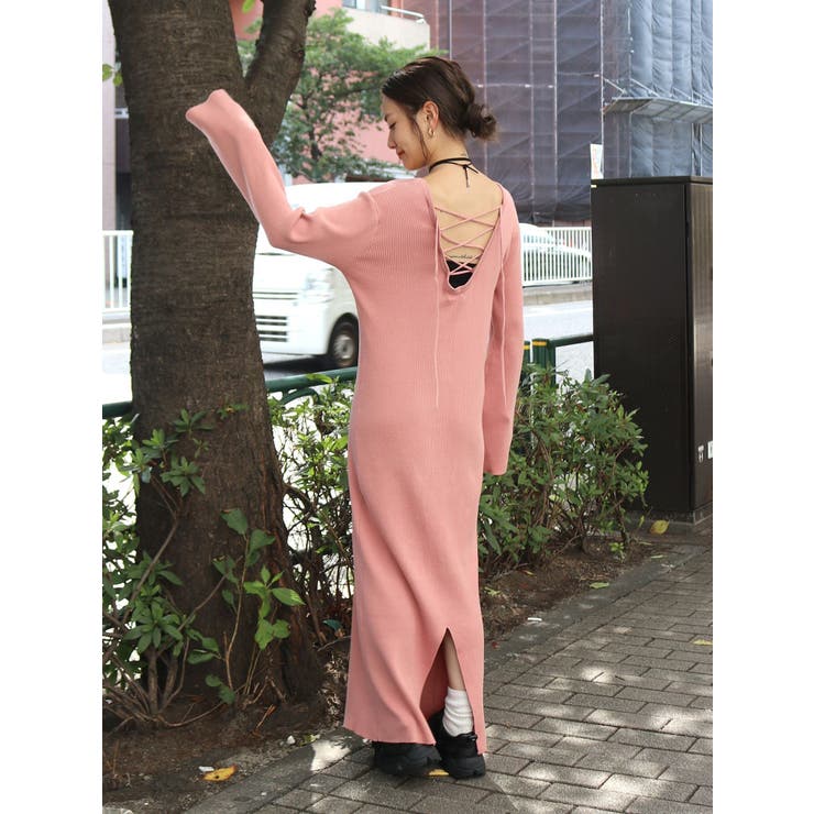 バックレースアップニットワンピース[品番：MKSW0054062