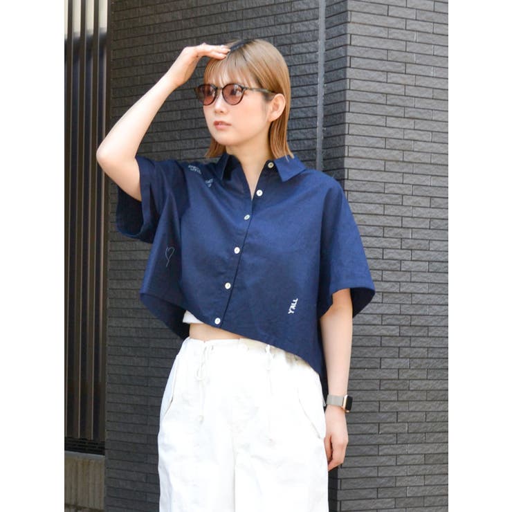 ネイビー | 刺繍ハーフスリーブシャツ | Ungrid