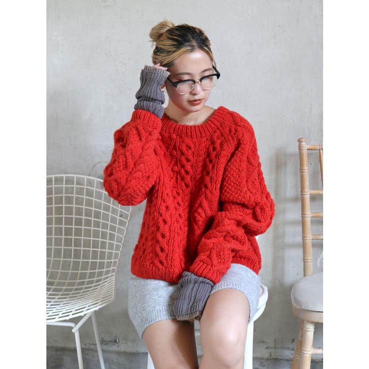 レッド | パッチワークケーブルルーズニット | Ungrid